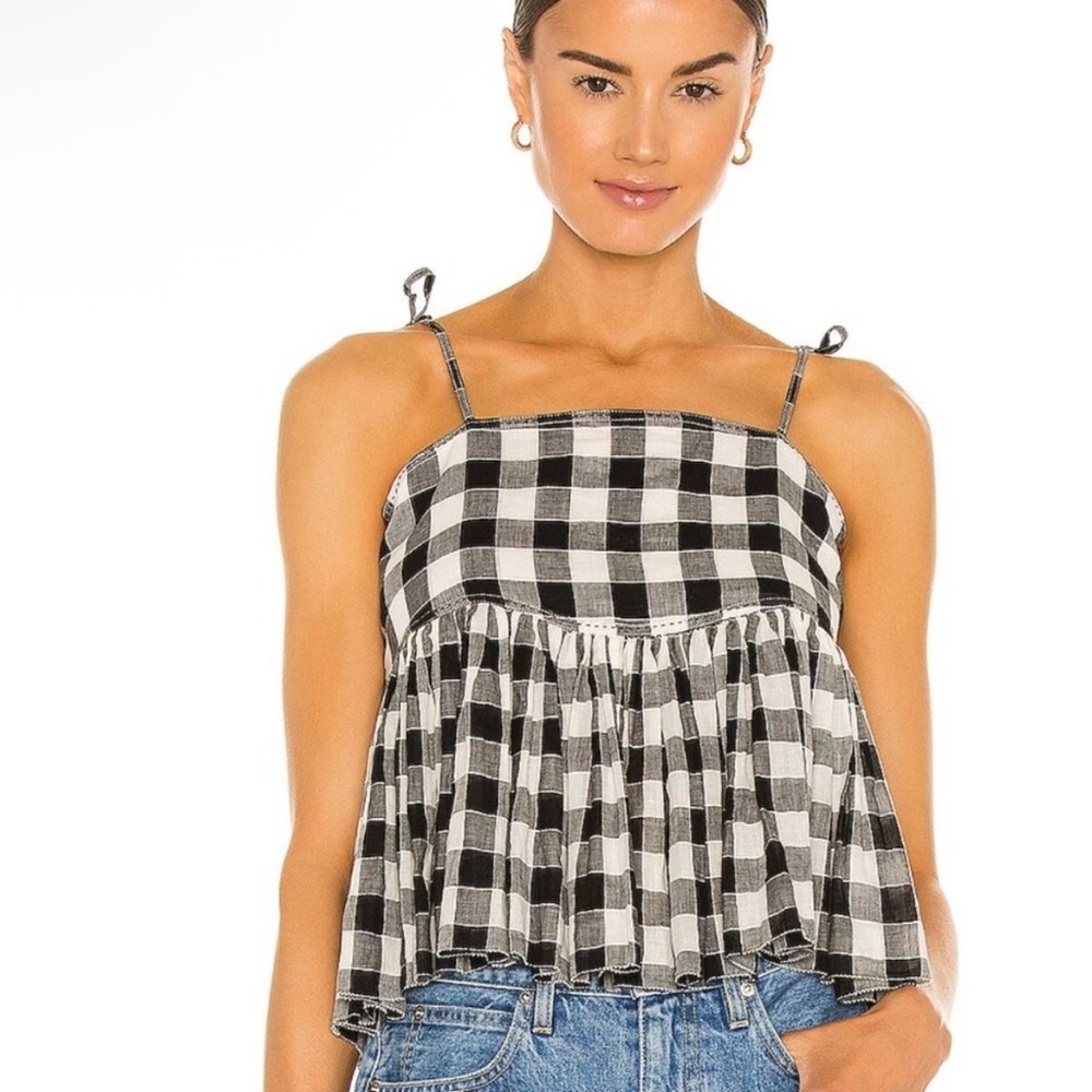 THE GREAT. Black & White Gingham Tie-Strap Babydoll Cami